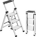 3 Step Ladder, Aluminum Folding Stool with Retractable Handgrip | 330 lbs Heavy Duty | 9.5lbs Lightweight | Removable Tool Tray | Non-Slip Pedals | Slim 2.5" Fold for Kitchen, Closet & Garage