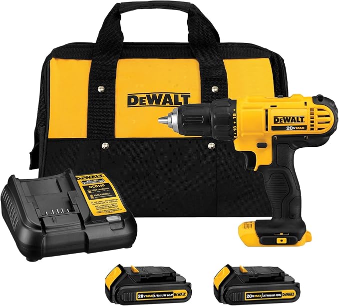 20V Max Cordless Drill Driver Set, 2 Speed, High Performance Motor, Includes 2 XR 1.3Ah Li-Ion Batteries, Charger and Contractor Bag (DCD771C2)