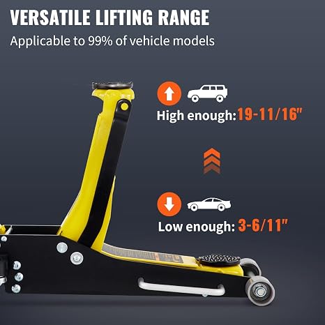 3 Ton Low Profile Aluminum & Steel Racing Floor Jack | Dual Pistons Quick Lift Pump, Sport Utility Vehicle, Lifting Range 3-6/11"-19-11/16", Yellow & Black