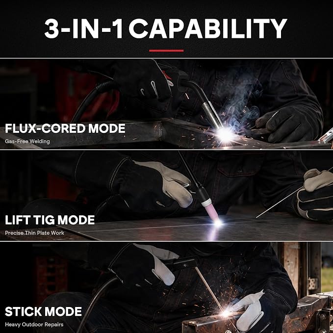 135A MIG Welder, 110V Flux Core Gasless MIG/Lift TIG/Stick 3-in-1 | clear digital display, efficient setup, synergic control, beginner friendly, auto repair, DIY jobs, metalworking