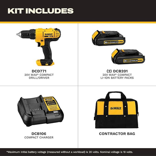 20V Max Cordless Drill Driver Set, 2 Speed, High Performance Motor, Includes 2 XR 1.3Ah Li-Ion Batteries, Charger and Contractor Bag (DCD771C2)