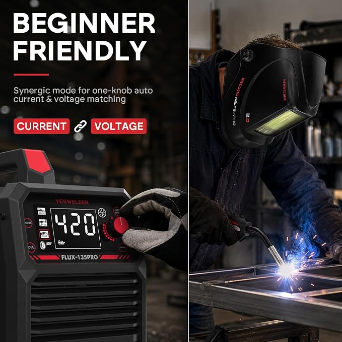 135A MIG Welder, 110V Flux Core Gasless MIG/Lift TIG/Stick 3-in-1 | clear digital display, efficient setup, synergic control, beginner friendly, auto repair, DIY jobs, metalworking