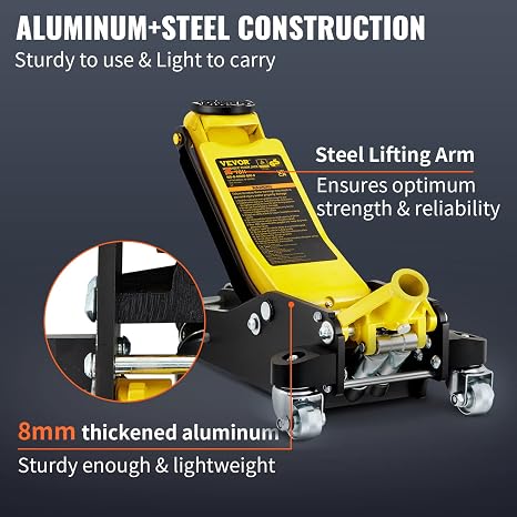 3 Ton Low Profile Aluminum & Steel Racing Floor Jack | Dual Pistons Quick Lift Pump, Sport Utility Vehicle, Lifting Range 3-6/11"-19-11/16", Yellow & Black