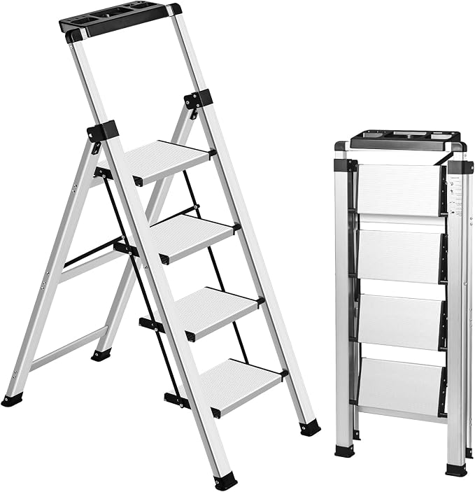3 Step Ladder, Aluminum Folding Stool with Retractable Handgrip | 330 lbs Heavy Duty | 9.5lbs Lightweight | Removable Tool Tray | Non-Slip Pedals | Slim 2.5" Fold for Kitchen, Closet & Garage
