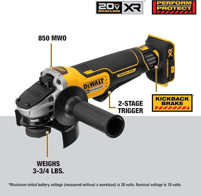 20V MAX* Angle Grinder Tool Cordless Brushless, 4 1/2 Inch, with Paddle Switch and Kickback Brake, Tool Only (DCG413B) | Paddle Switch, Kickback Brake, Tool Only