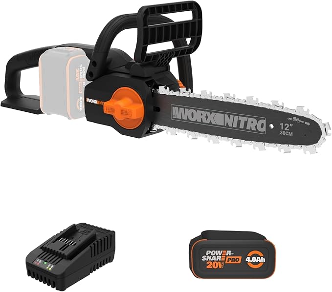Cordless Chainsaw with Auto-Tension, 20V 10" WG322 | 12.5 ft/s Chain Speed, Weighs 6.2 LBS, Auto-Tension Adjustment, Battery & Charger Included, PowerShare