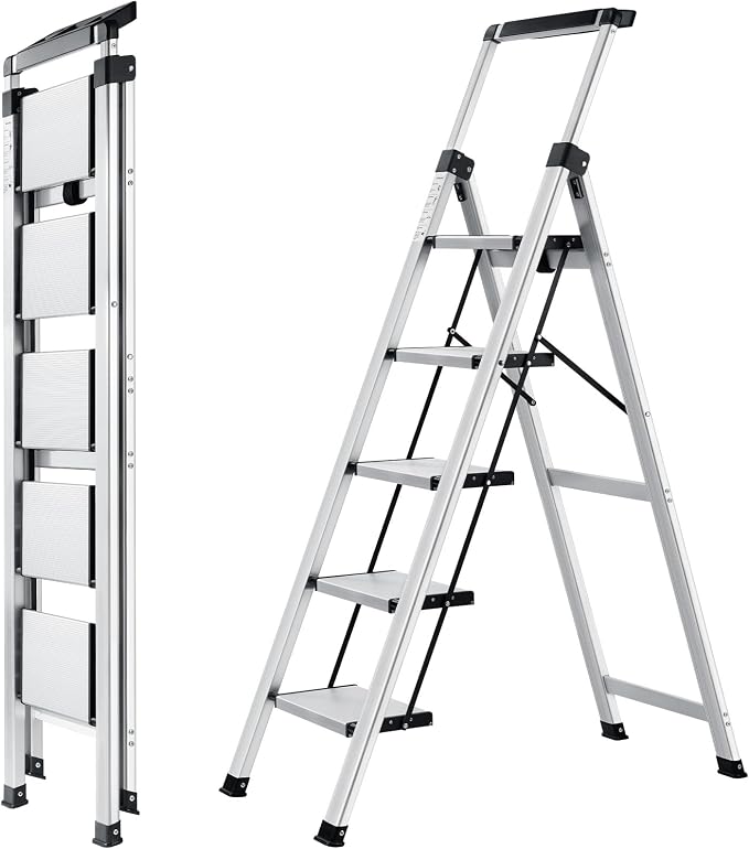 3 Step Ladder, Aluminum Folding Stool with Retractable Handgrip | 330 lbs Heavy Duty | 9.5lbs Lightweight | Removable Tool Tray | Non-Slip Pedals | Slim 2.5" Fold for Kitchen, Closet & Garage
