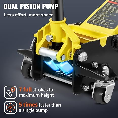 3 Ton Low Profile Aluminum & Steel Racing Floor Jack | Dual Pistons Quick Lift Pump, Sport Utility Vehicle, Lifting Range 3-6/11"-19-11/16", Yellow & Black