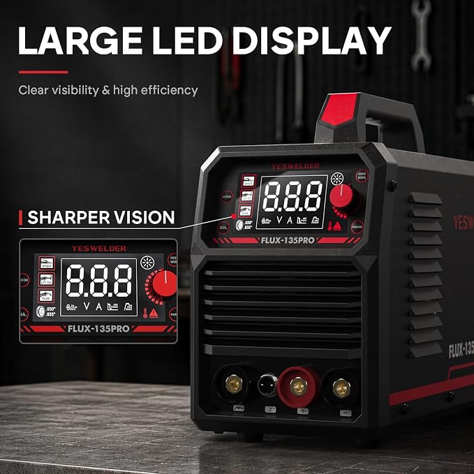 135A MIG Welder, 110V Flux Core Gasless MIG/Lift TIG/Stick 3-in-1 | clear digital display, efficient setup, synergic control, beginner friendly, auto repair, DIY jobs, metalworking