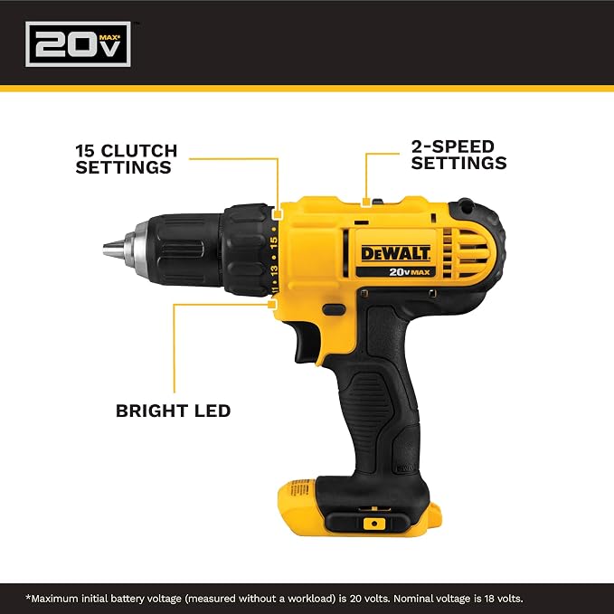 20V Max Cordless Drill Driver Set, 2 Speed, High Performance Motor, Includes 2 XR 1.3Ah Li-Ion Batteries, Charger and Contractor Bag (DCD771C2)