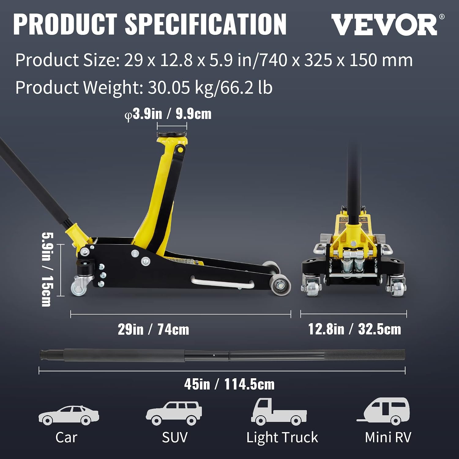 3 Ton Low Profile Aluminum & Steel Racing Floor Jack | Dual Pistons Quick Lift Pump, Sport Utility Vehicle, Lifting Range 3-6/11"-19-11/16", Yellow & Black