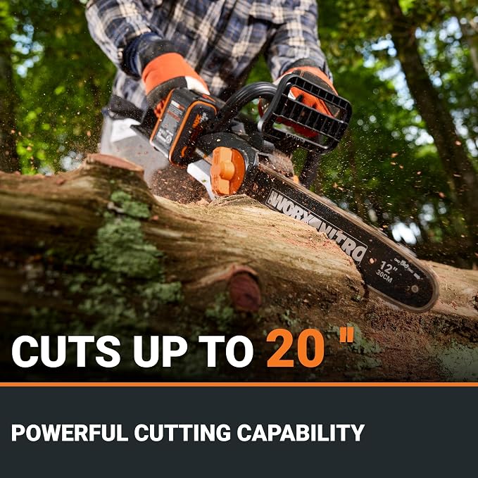 Cordless Chainsaw with Auto-Tension, 20V 10" WG322 | 12.5 ft/s Chain Speed, Weighs 6.2 LBS, Auto-Tension Adjustment, Battery & Charger Included, PowerShare