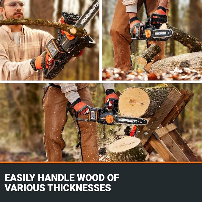 Cordless Chainsaw with Auto-Tension, 20V 10" WG322 | 12.5 ft/s Chain Speed, Weighs 6.2 LBS, Auto-Tension Adjustment, Battery & Charger Included, PowerShare