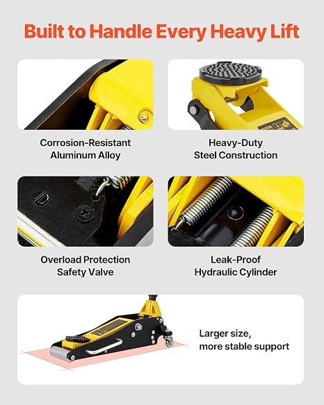 3 Ton Low Profile Aluminum & Steel Racing Floor Jack | Dual Pistons Quick Lift Pump, Sport Utility Vehicle, Lifting Range 3-6/11"-19-11/16", Yellow & Black