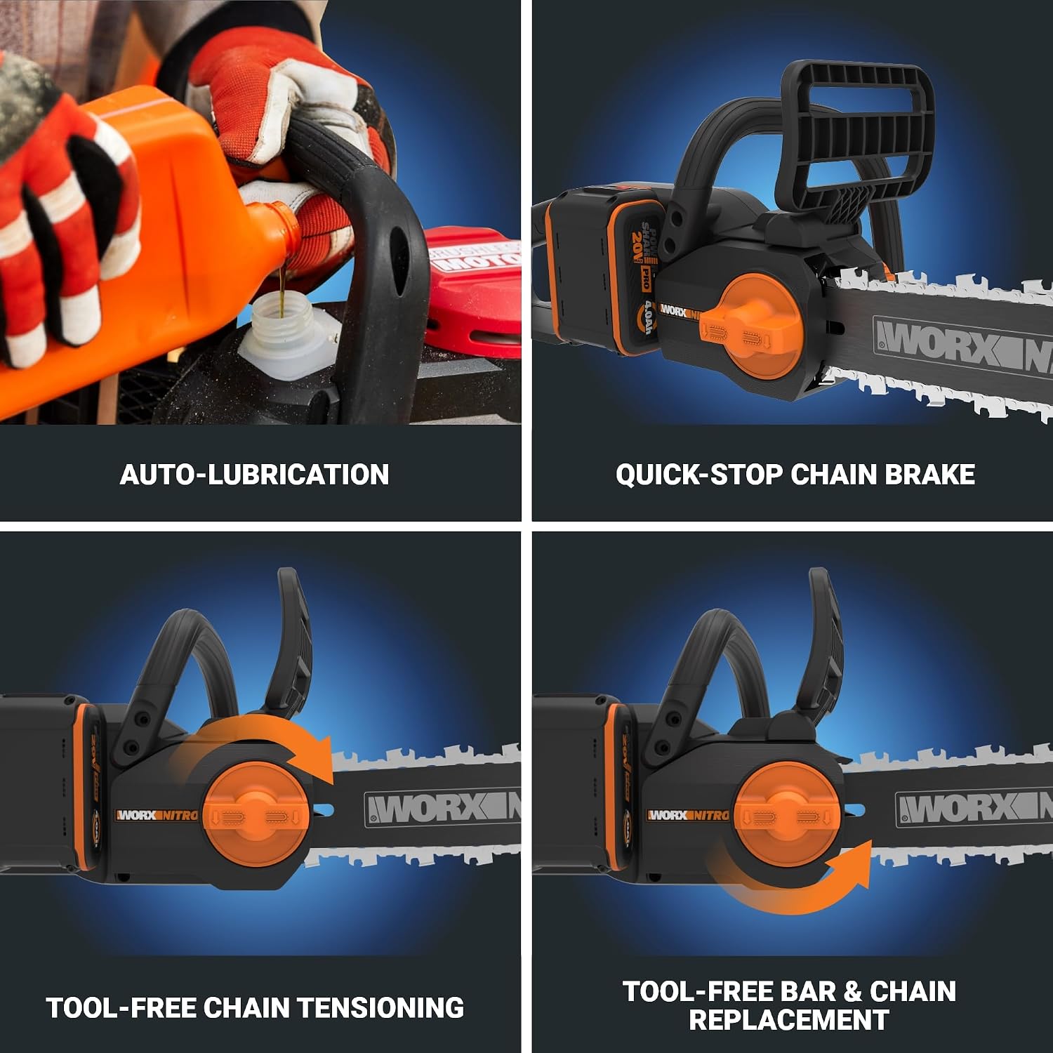 Cordless Chainsaw with Auto-Tension, 20V 10" WG322 | 12.5 ft/s Chain Speed, Weighs 6.2 LBS, Auto-Tension Adjustment, Battery & Charger Included, PowerShare