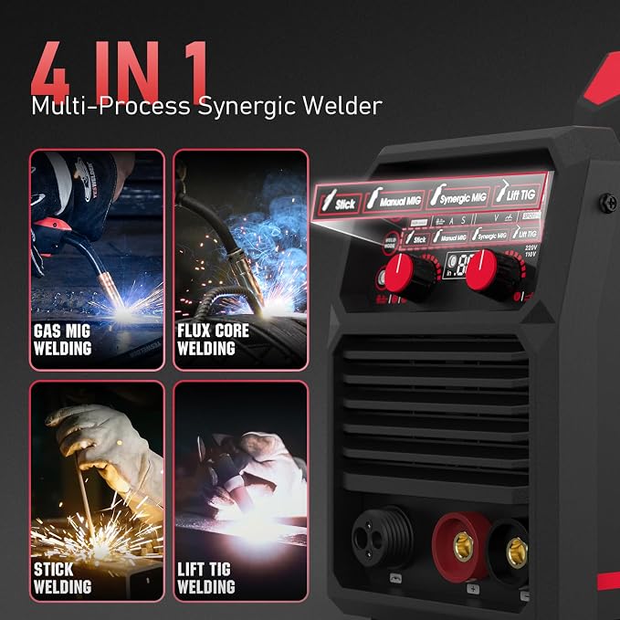 135A MIG Welder, 110V Flux Core Gasless MIG/Lift TIG/Stick 3-in-1 | clear digital display, efficient setup, synergic control, beginner friendly, auto repair, DIY jobs, metalworking