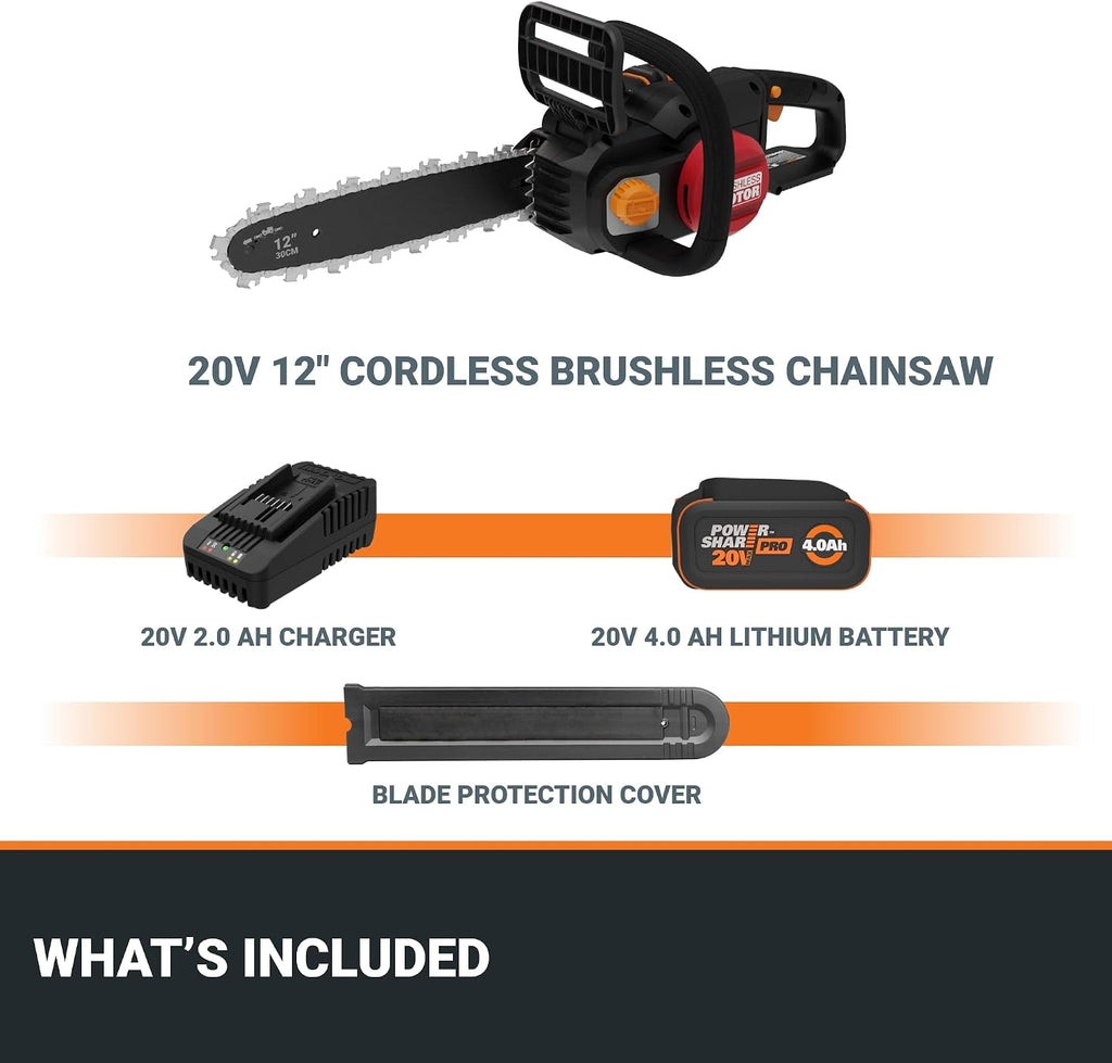 Cordless Chainsaw with Auto-Tension, 20V 10" WG322 | 12.5 ft/s Chain Speed, Weighs 6.2 LBS, Auto-Tension Adjustment, Battery & Charger Included, PowerShare